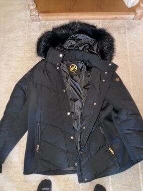 Michael Kors Black Quilted Puffer Jacket with Faux Fur Hood
